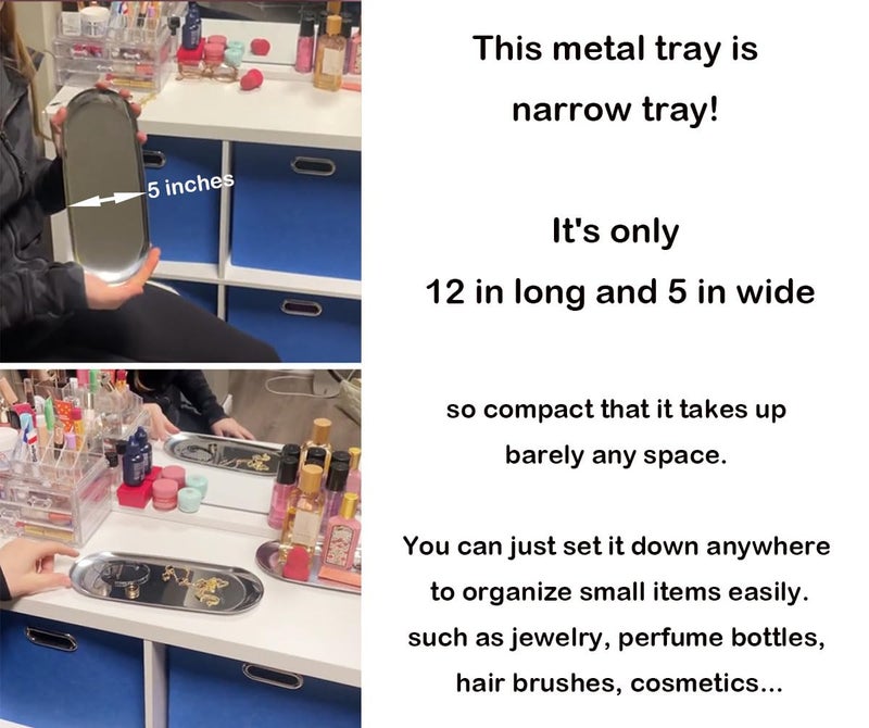 Fermus Stainless Steel Decorative Tray  Set of 2  12 Inch Long  Jewelry Dish Cosmetics Organizer Bathroom Clutter Serving Platter Small Storage Tray  Oval  Gold - Image 4